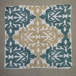 Stitched Teal and Gold on Woven Cream Cotton Fabric Throw Pillow Cover  (18 in)